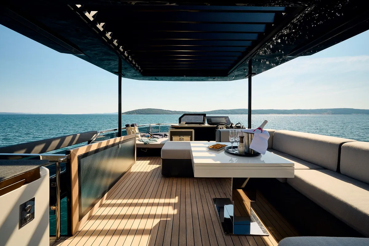 Deck of Blue Moon, a Explorer Fly 62 motor yacht at Općina Sukošan, Croatia
