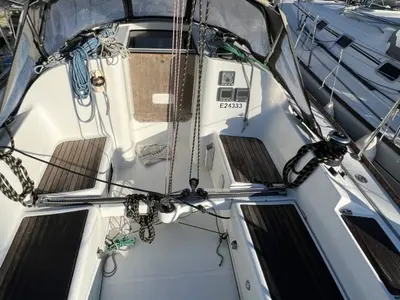 Deck of Beneteau First 31.7, a sailboat at Kerners, France