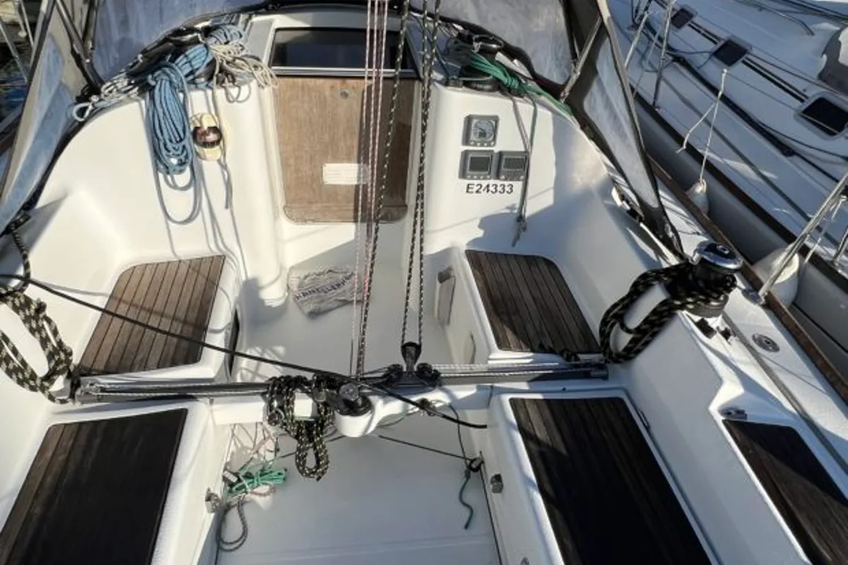 Deck of Beneteau First 31.7, a sailboat at Kerners, France