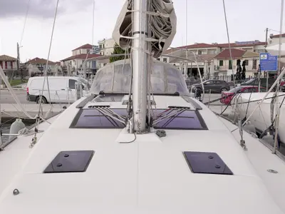 Deck of Argo, a Dufour 412 Grand large sailboat at Municipal Unit of Lefkada, Greece