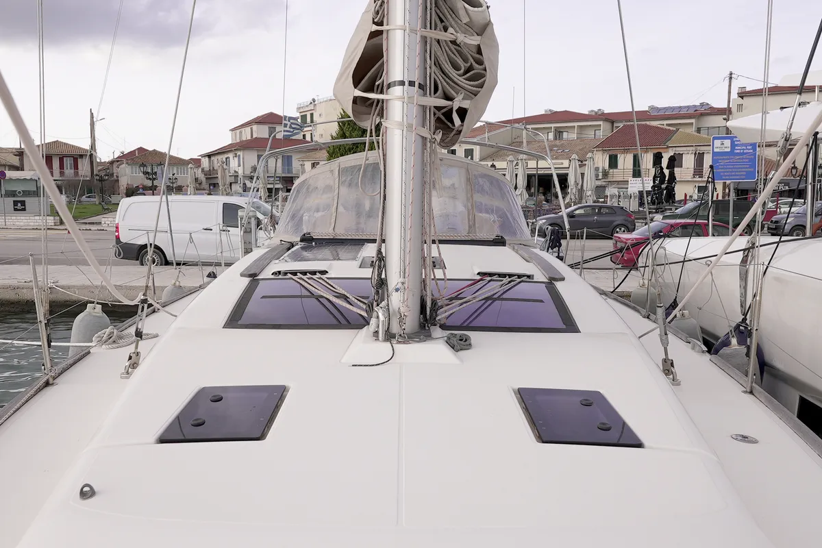 Deck of Argo, a Dufour 412 Grand large sailboat at Municipal Unit of Lefkada, Greece