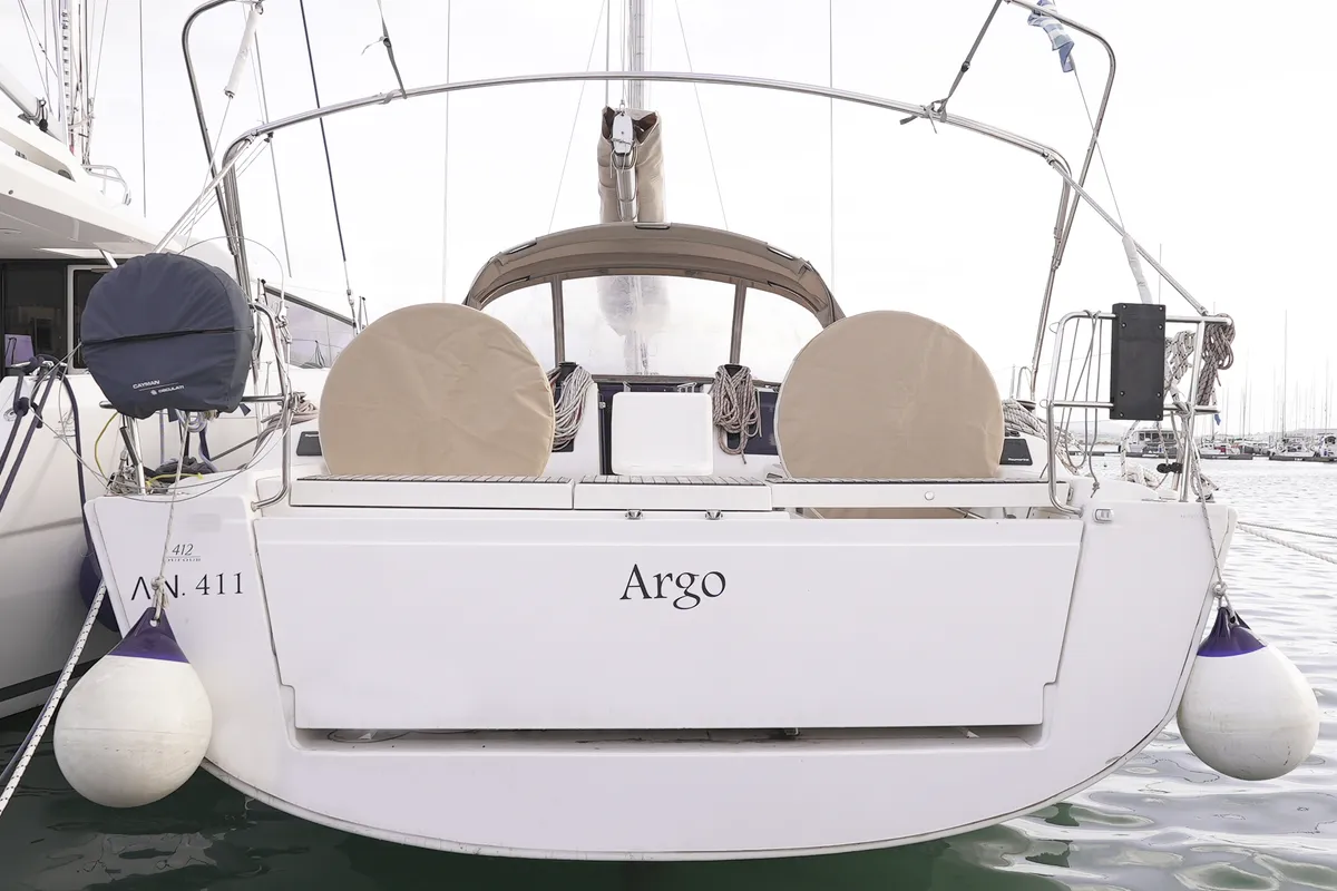 Exterior view of Argo, a Dufour 412 Grand large sailboat at Municipal Unit of Lefkada, Greece