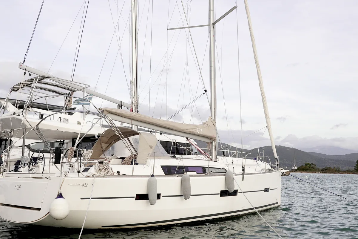 Exterior view of Argo, a Dufour 412 Grand large sailboat at Municipal Unit of Lefkada, Greece