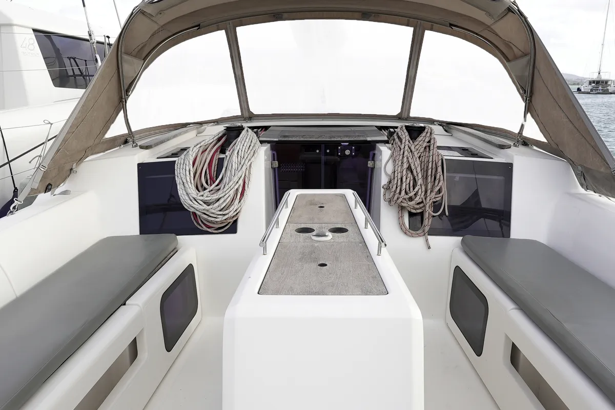Cockpit of Argo, a Dufour 412 Grand large sailboat at Municipal Unit of Lefkada, Greece