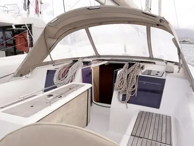 Cockpit of Argo, a Dufour 412 Grand large sailboat at Municipal Unit of Lefkada, Greece