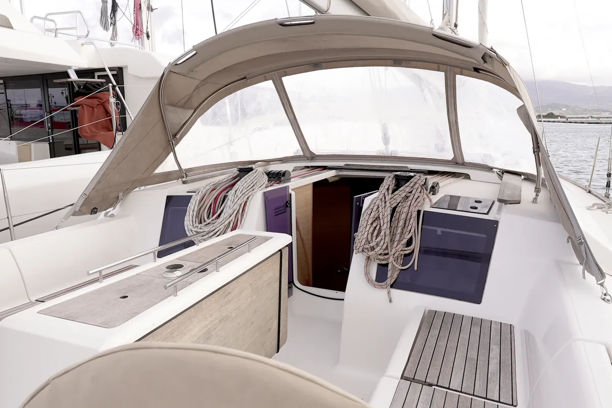 Cockpit of Argo, a Dufour 412 Grand large sailboat at Municipal Unit of Lefkada, Greece