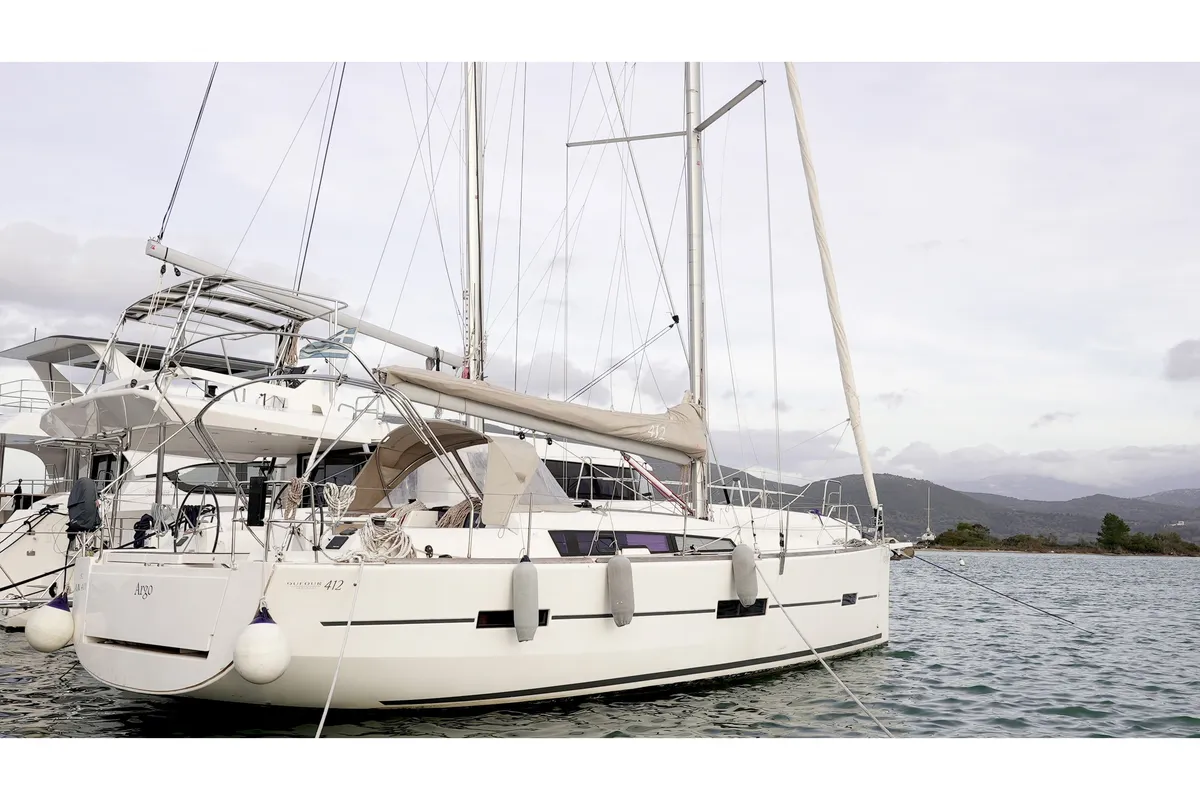 Exterior view of Argo, a Dufour 412 Grand large sailboat at Municipal Unit of Lefkada, Greece