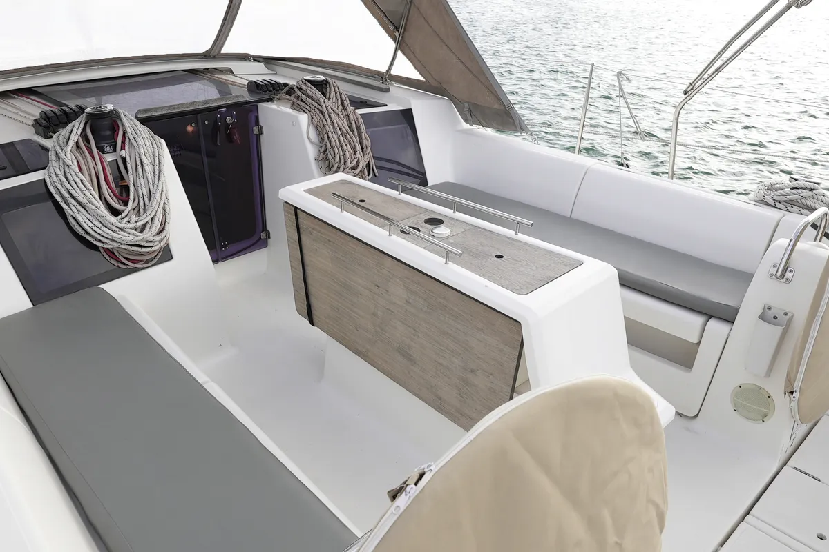 Cockpit of Argo, a Dufour 412 Grand large sailboat at Municipal Unit of Lefkada, Greece