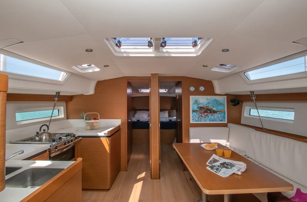 Salon of Knot, a Jeanneau Sun Odyssey 490 sailboat at Zakynthos Municipal Unit, Greece