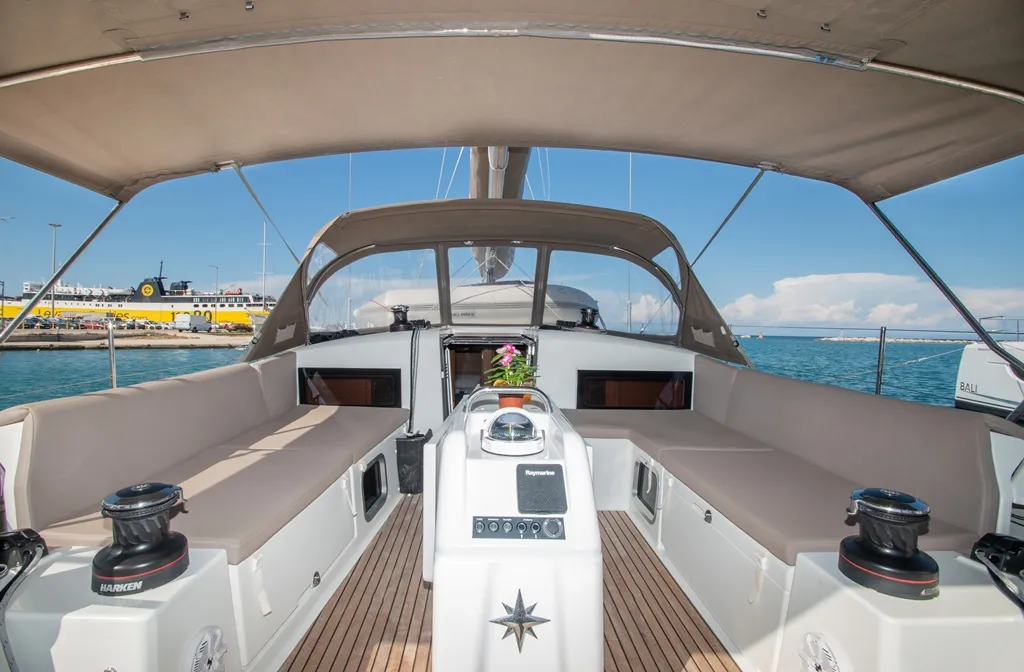 Cockpit of Knot, a Jeanneau Sun Odyssey 490 sailboat at Zakynthos Municipal Unit, Greece