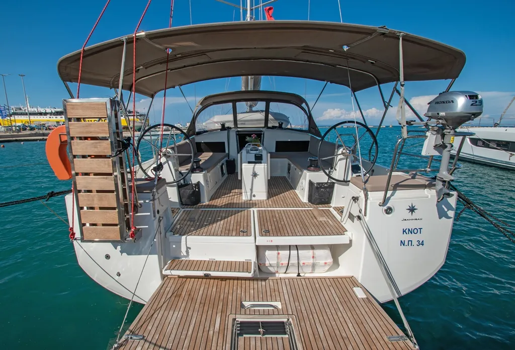 Deck of Knot, a Jeanneau Sun Odyssey 490 sailboat at Zakynthos Municipal Unit, Greece