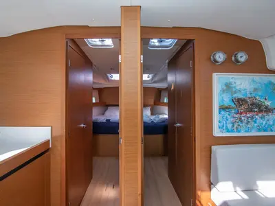 Salon of Knot, a Jeanneau Sun Odyssey 490 sailboat at Zakynthos Municipal Unit, Greece