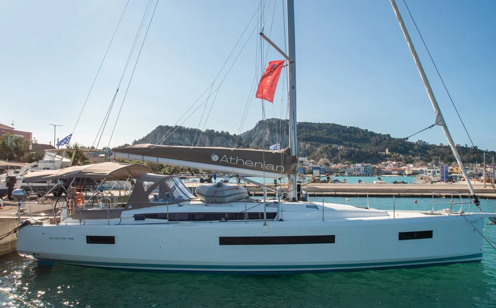 Exterior view of Knot, a Jeanneau Sun Odyssey 490 sailboat at Zakynthos Municipal Unit, Greece