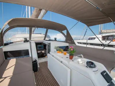 Deck of Knot, a Jeanneau Sun Odyssey 490 sailboat at Zakynthos Municipal Unit, Greece