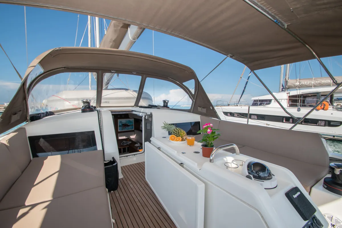 Deck of Knot, a Jeanneau Sun Odyssey 490 sailboat at Zakynthos Municipal Unit, Greece