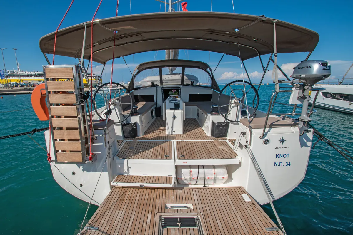 Exterior view of Knot, a Jeanneau Sun Odyssey 490 sailboat at Zakynthos Municipal Unit, Greece