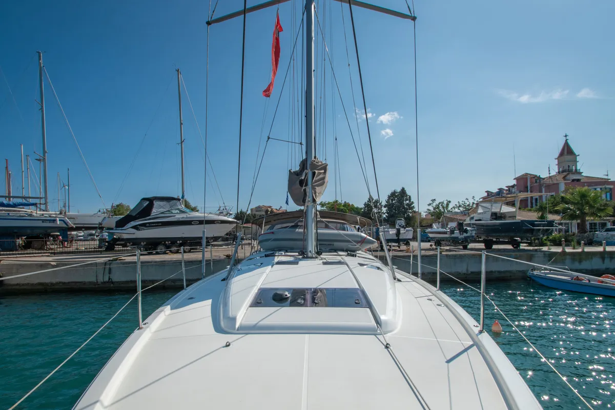 Exterior view of Knot, a Jeanneau Sun Odyssey 490 sailboat at Zakynthos Municipal Unit, Greece