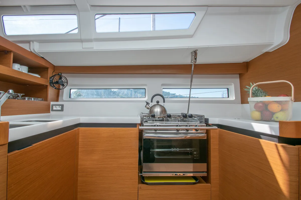Galley of Knot, a Jeanneau Sun Odyssey 490 sailboat at Zakynthos Municipal Unit, Greece