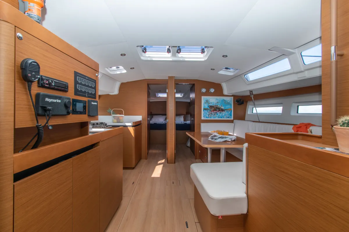 Salon of Knot, a Jeanneau Sun Odyssey 490 sailboat at Zakynthos Municipal Unit, Greece