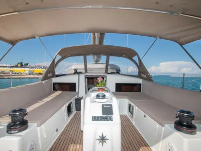 Cockpit of Knot, a Jeanneau Sun Odyssey 490 sailboat at Zakynthos Municipal Unit, Greece
