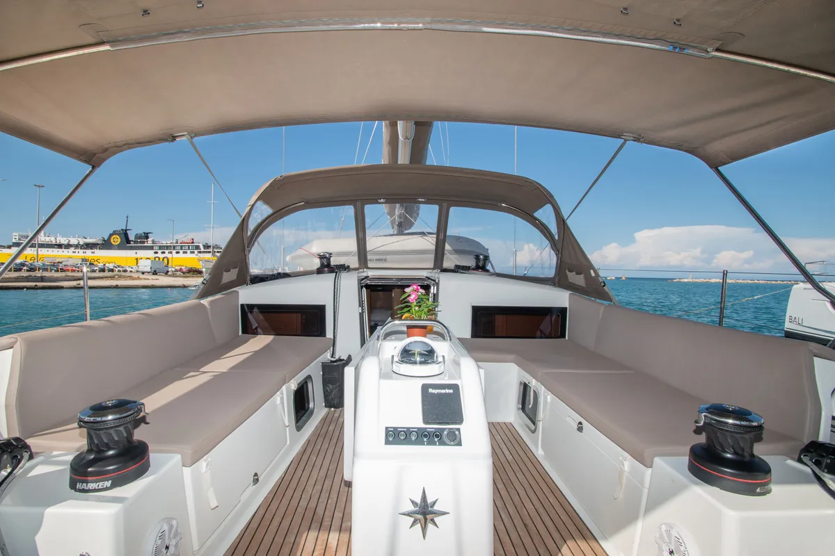 Cockpit of Knot, a Jeanneau Sun Odyssey 490 sailboat at Zakynthos Municipal Unit, Greece