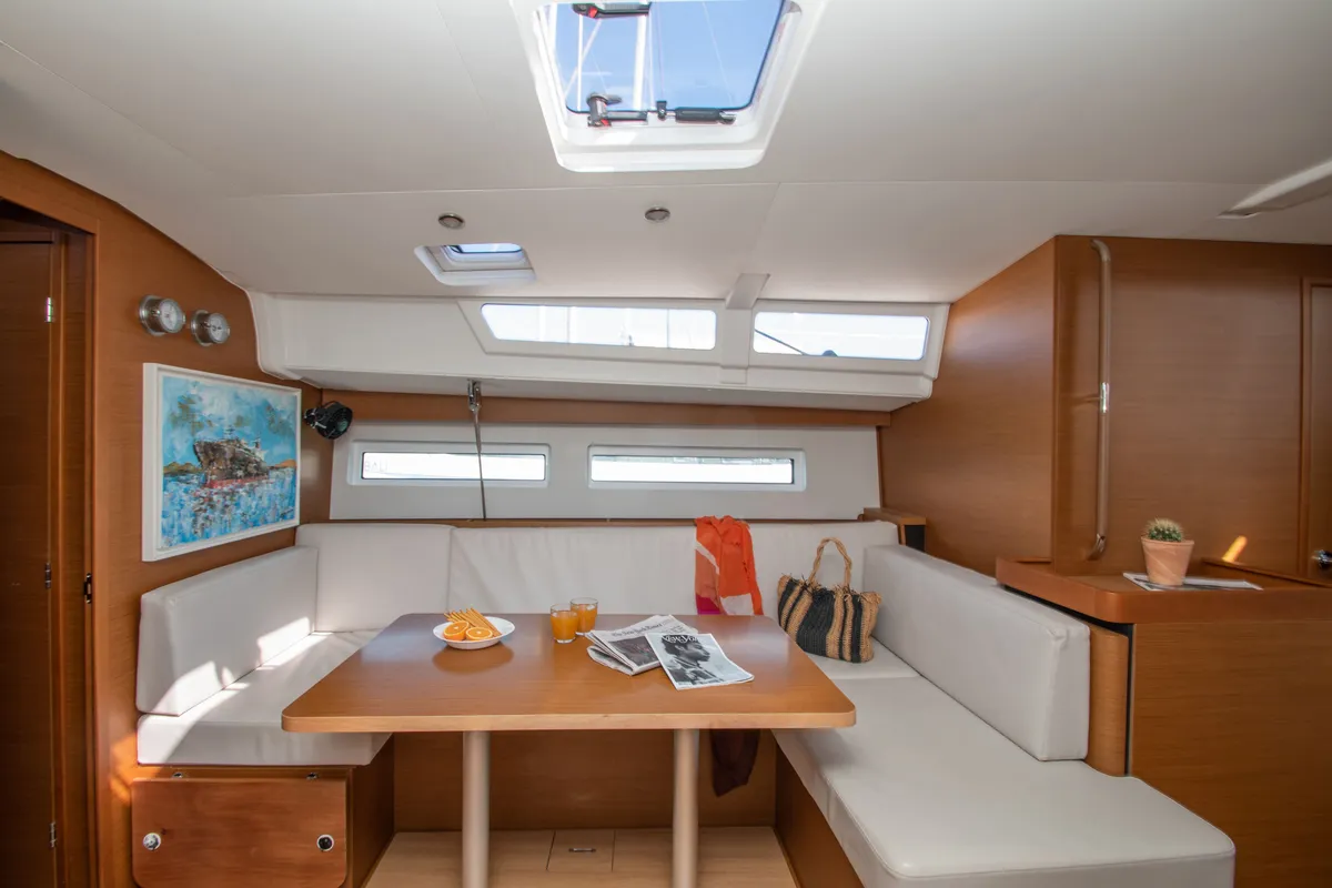 Salon of Knot, a Jeanneau Sun Odyssey 490 sailboat at Zakynthos Municipal Unit, Greece