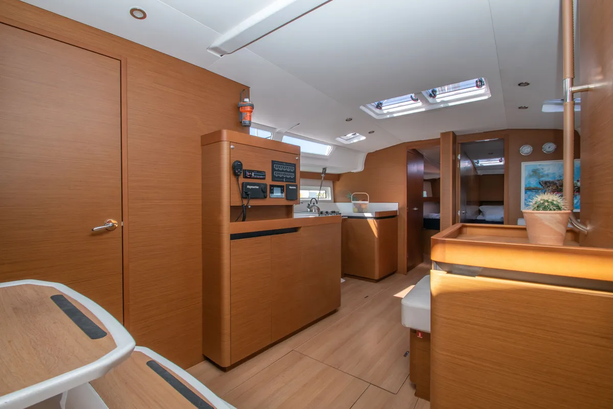 Salon of Knot, a Jeanneau Sun Odyssey 490 sailboat at Zakynthos Municipal Unit, Greece