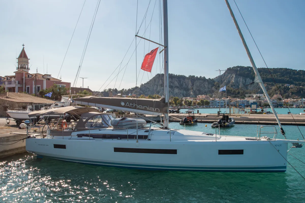 Exterior view of Knot, a Jeanneau Sun Odyssey 490 sailboat at Zakynthos Municipal Unit, Greece