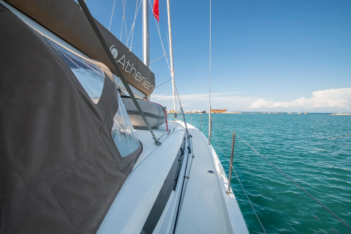 Exterior view of Knot, a Jeanneau Sun Odyssey 490 sailboat at Zakynthos Municipal Unit, Greece