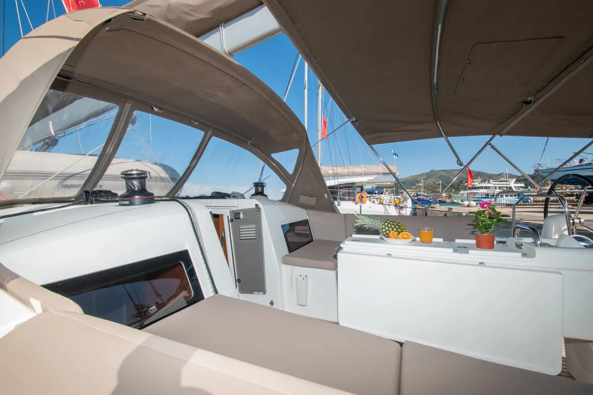 Deck of Knot, a Jeanneau Sun Odyssey 490 sailboat at Zakynthos Municipal Unit, Greece