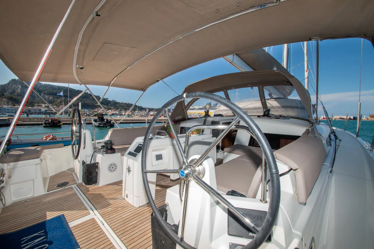 Cockpit of Knot, a Jeanneau Sun Odyssey 490 sailboat at Zakynthos Municipal Unit, Greece