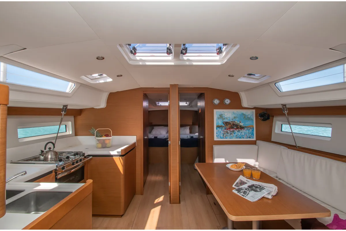 Salon of Knot, a Jeanneau Sun Odyssey 490 sailboat at Zakynthos Municipal Unit, Greece
