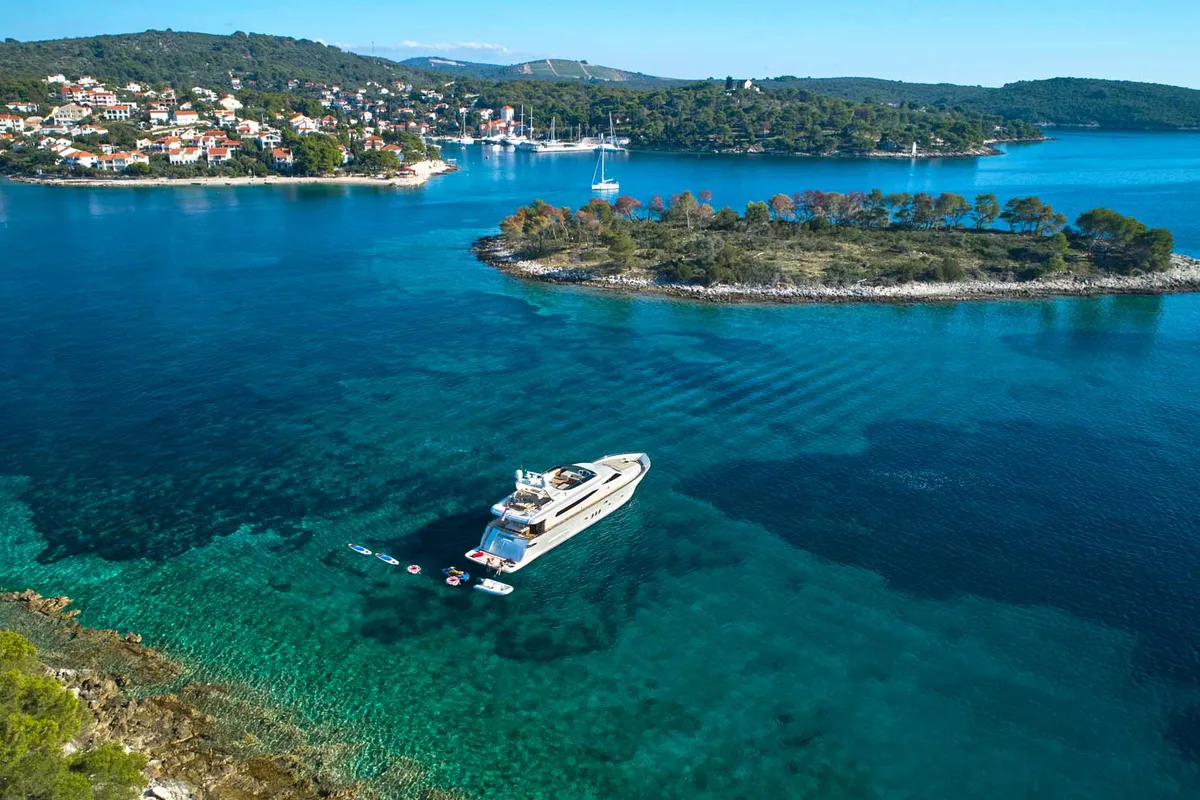 Exterior view of Karisma, a Canados 86 motor yacht at Općina Baška Voda, Croatia