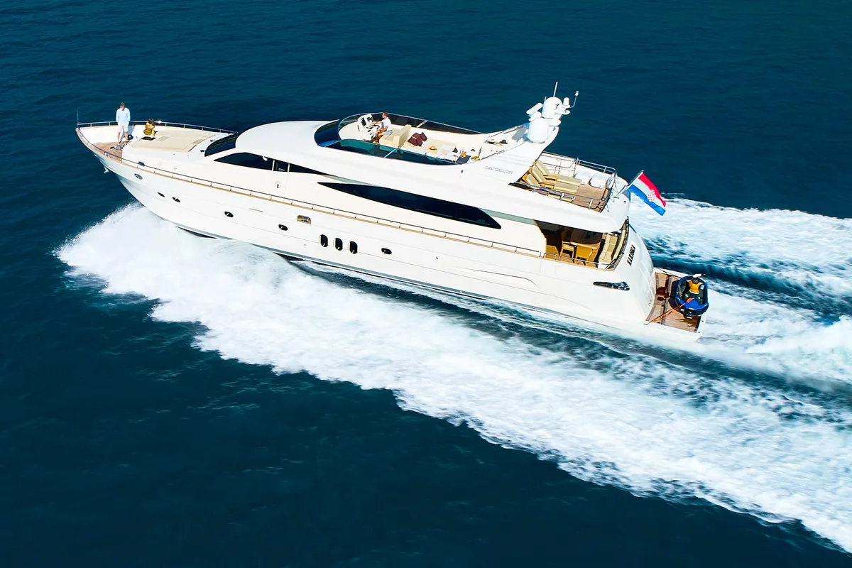 Exterior view of Karisma, a Canados 86 motor yacht at Općina Baška Voda, Croatia