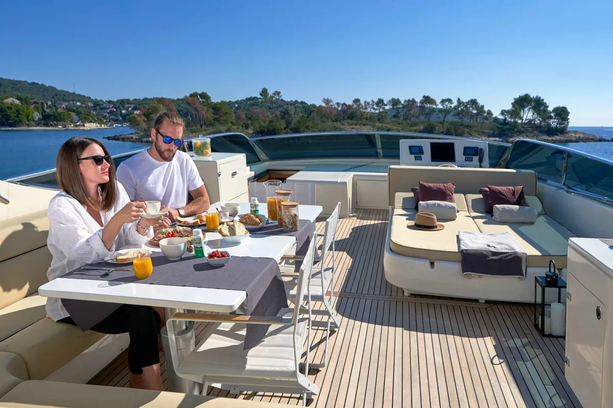 Deck of Karisma, a Canados 86 motor yacht at Općina Baška Voda, Croatia