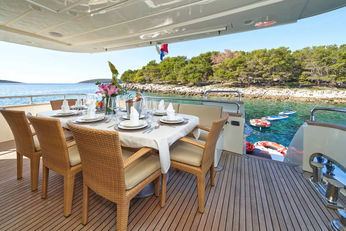 Deck of Karisma, a Canados 86 motor yacht at Općina Baška Voda, Croatia