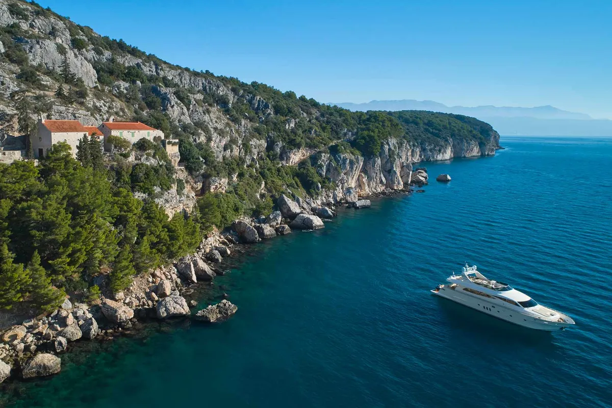 Exterior view of Karisma, a Canados 86 motor yacht at Općina Baška Voda, Croatia