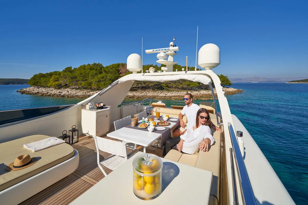 Deck of Karisma, a Canados 86 motor yacht at Općina Baška Voda, Croatia