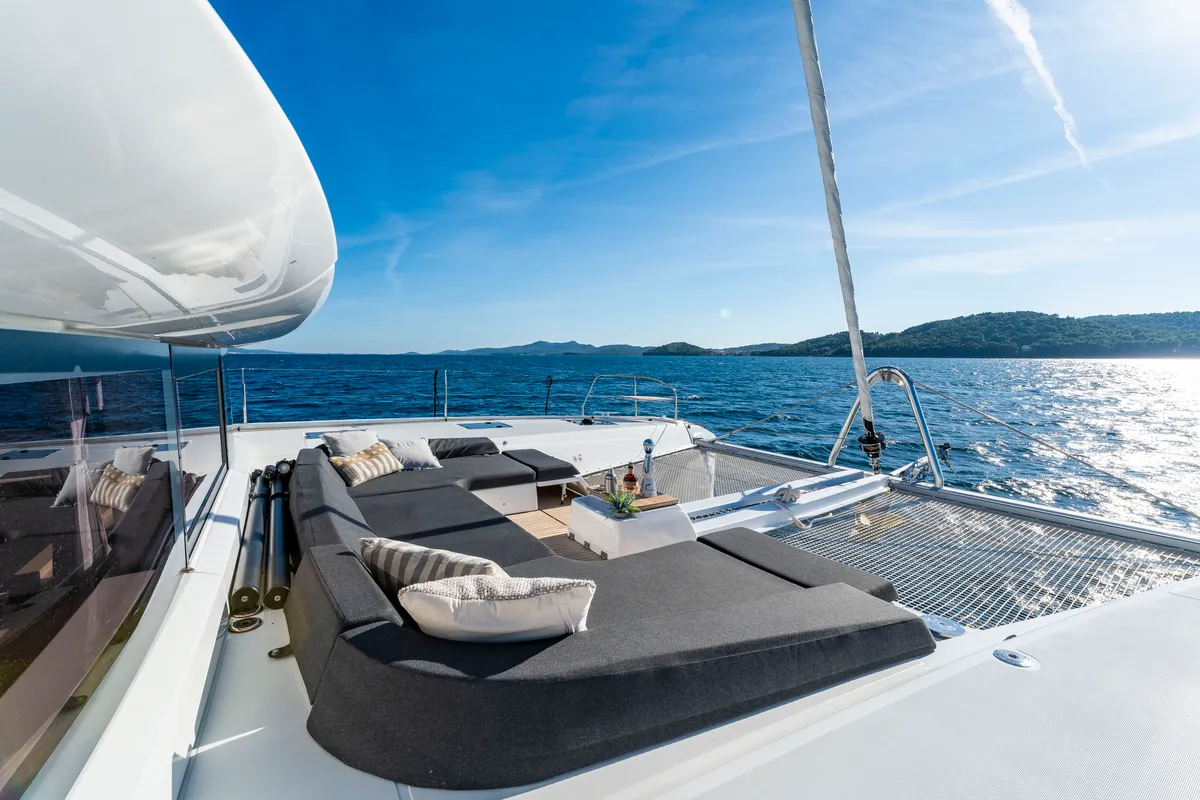 Deck of Black Caviar, a Lagoon 55 catamaran at Split, Croatia