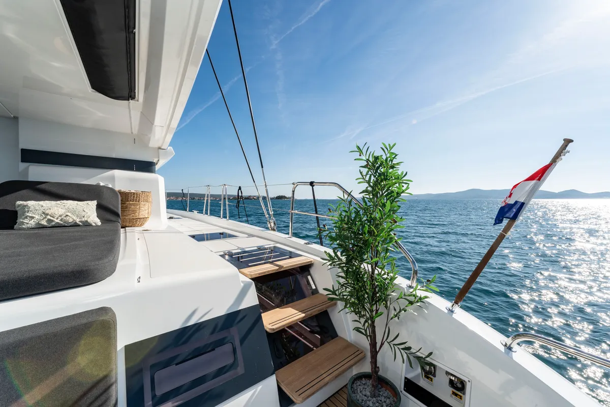 Deck of Black Caviar, a Lagoon 55 catamaran at Split, Croatia
