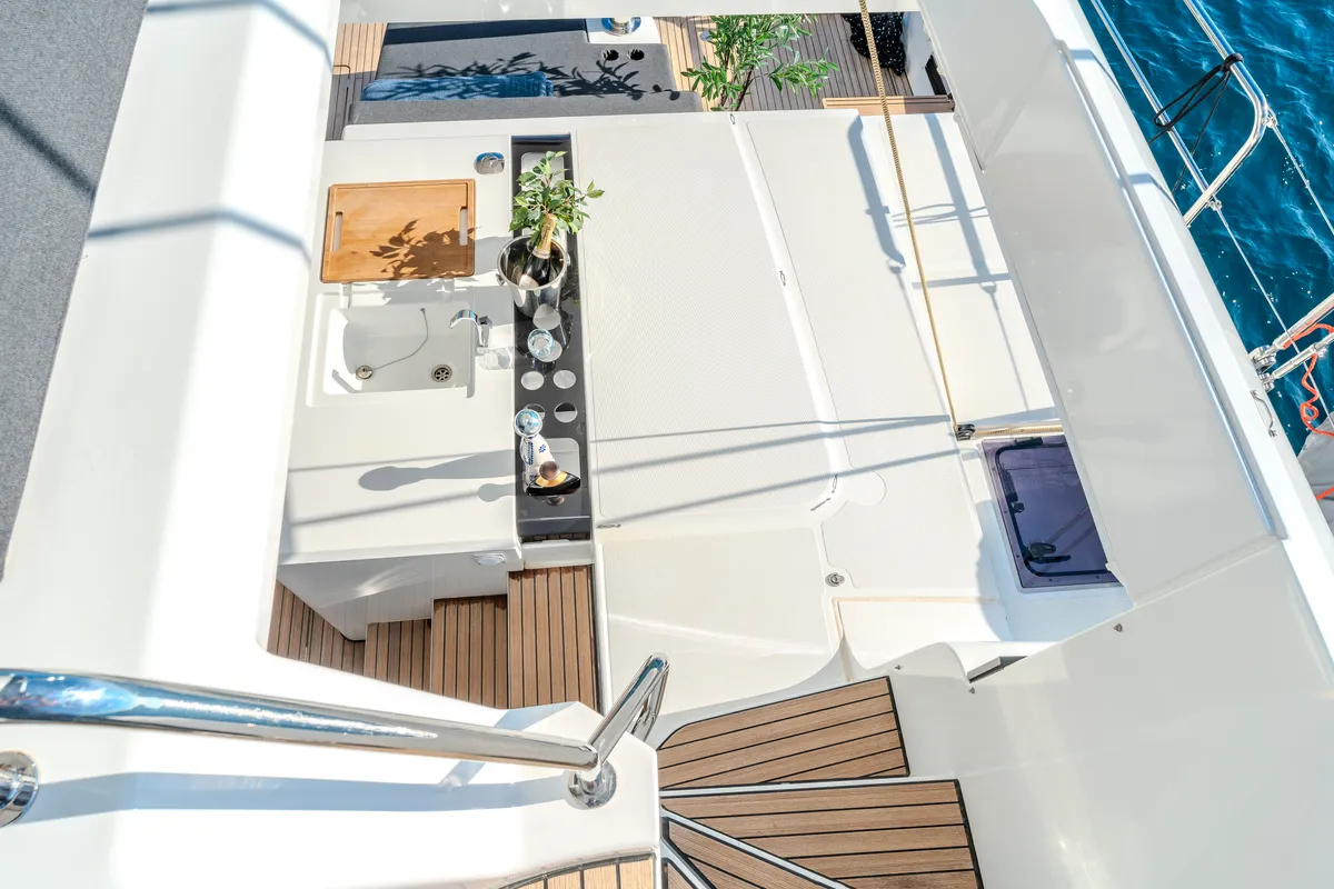 Deck of Black Caviar, a Lagoon 55 catamaran at Split, Croatia