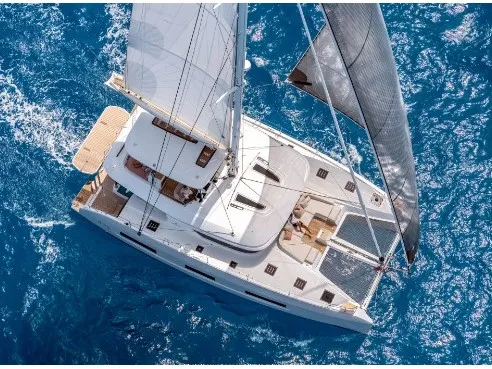 Exterior view of Black Caviar, a Lagoon 55 catamaran at Split, Croatia