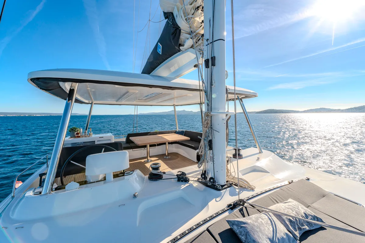 Exterior view of Black Caviar, a Lagoon 55 catamaran at Split, Croatia
