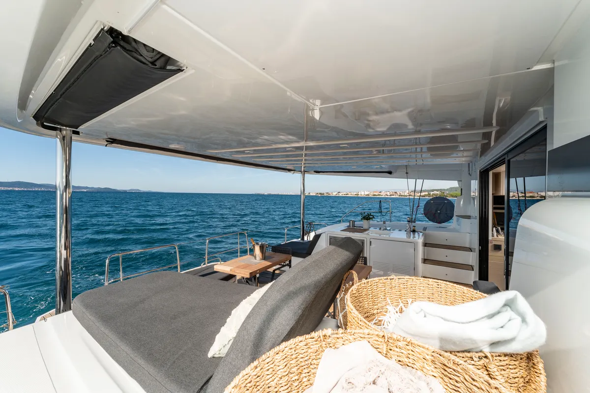 Deck of Black Caviar, a Lagoon 55 catamaran at Split, Croatia