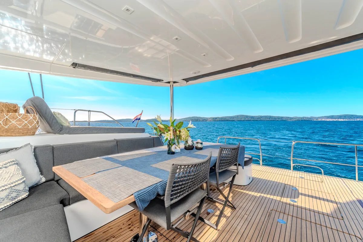 Deck of Black Caviar, a Lagoon 55 catamaran at Split, Croatia