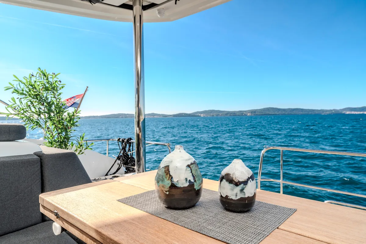 Deck of Black Caviar, a Lagoon 55 catamaran at Split, Croatia