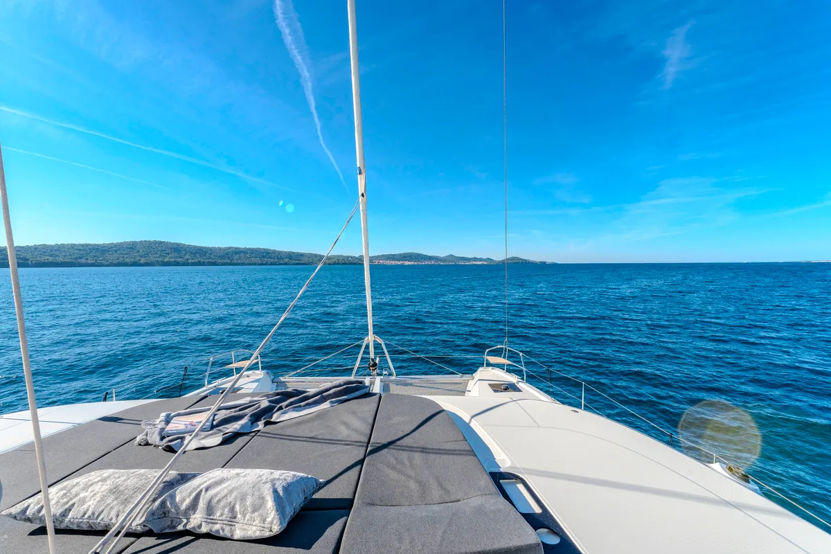 Deck of Black Caviar, a Lagoon 55 catamaran at Split, Croatia