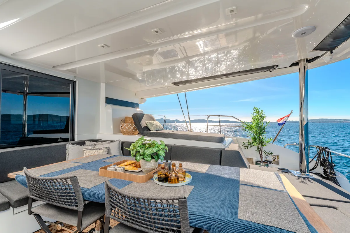 Deck of Black Caviar, a Lagoon 55 catamaran at Split, Croatia