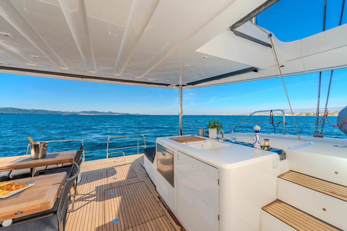 Deck of Black Caviar, a Lagoon 55 catamaran at Split, Croatia