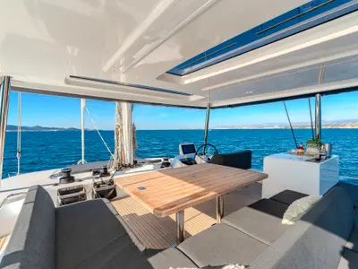 Cockpit of Black Caviar, a Lagoon 55 catamaran at Split, Croatia